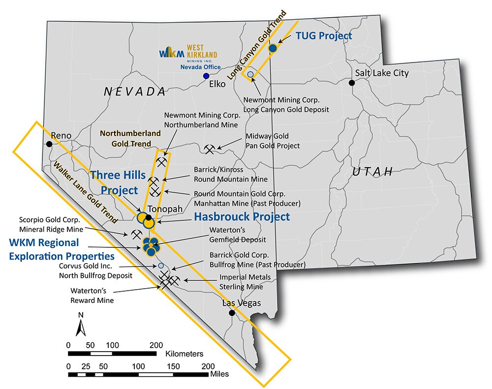 West Kirkland's Nevada properties with surrounding gold mines and deposits